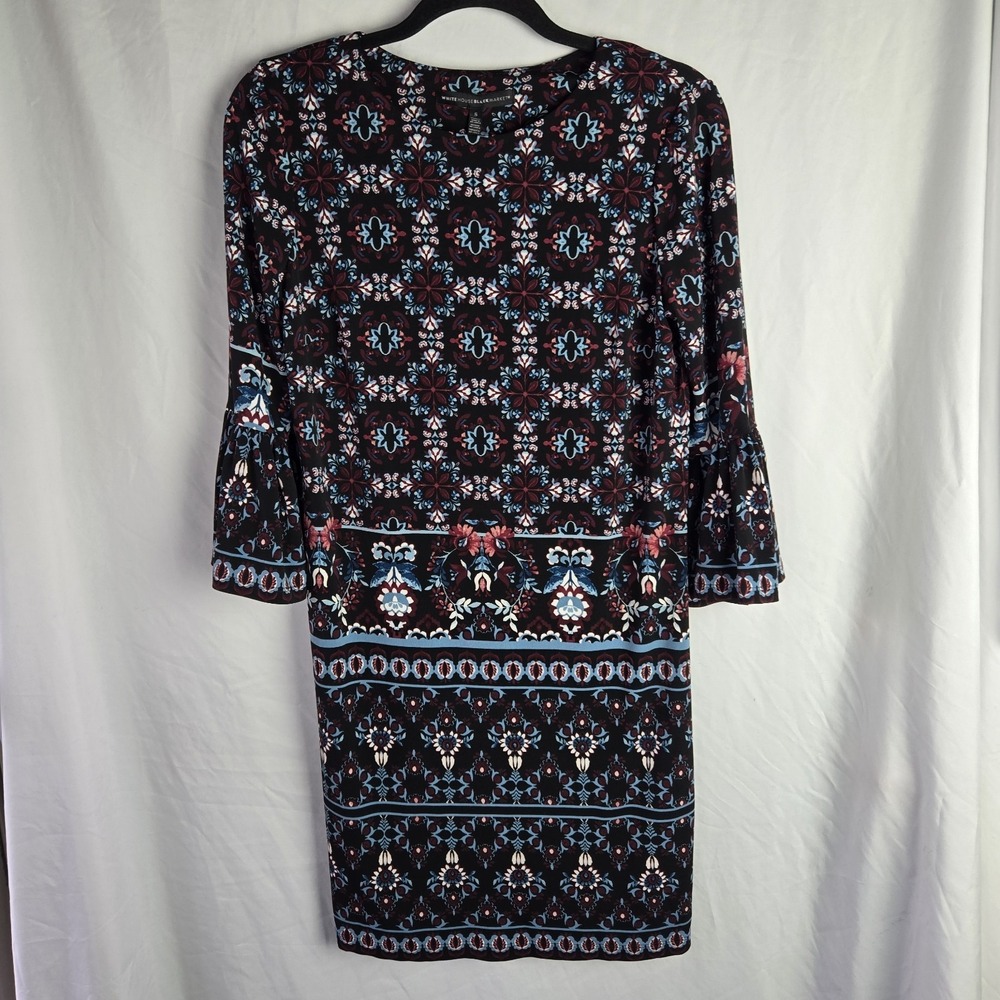 White House Black Market Jersey Knit Dress Bell Sleeve Womens Sm Geometric Mod